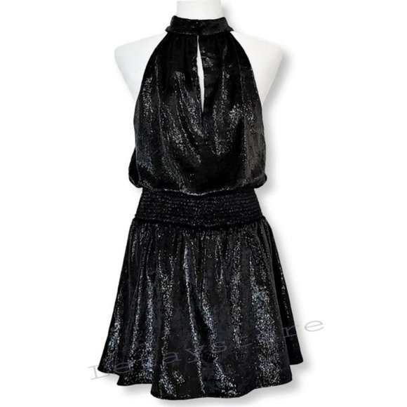 NWT Stunning RAMY BROOK Ellin Shimmer Velvet Halter Party Cocktail Mini Dress - Picture 5 of 6